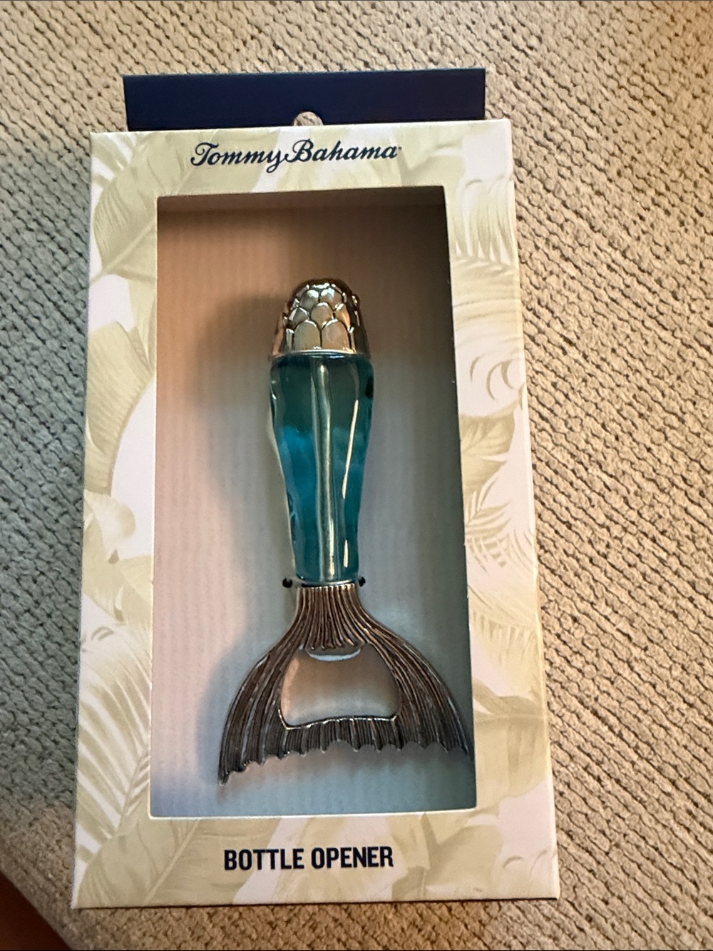 Tommy Bahama Teal Glass Mermaid Tail Bottle Opener